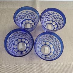 【未使用品】切子 冷茶グラス　カットガラス　竹久夢二　コバルトブルー　4個セットのサムネイル