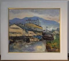 【真作】絵画　油彩10号　小樽運河　倉庫と運河のある風景　黄昏の港町　W197 真作】絵画 油彩10号 小樽運河 倉庫と運河のある風景 黄昏の港町