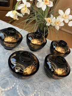 未使用❤️会津塗 乙造作 漆塗り 蓋つき煮物椀 5客 金彩蒔絵 桜