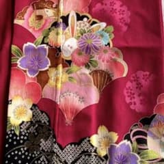 七五三 ワインレッド着物 7歳 うさぎ 桜 扇面 長襦袢付きのサムネイル