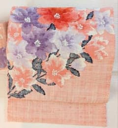 渡文　西陣織　名古屋帯　真綿紬　ピンク　花　 正絹　新古品のサムネイル