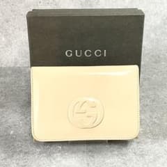 GUCCI 三つ折り財布 がま口 ソーホー エナメル ベージュ箱付 美品