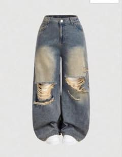 ダメージ加工ワイドレッグデニムパンツ5XLのサムネイル