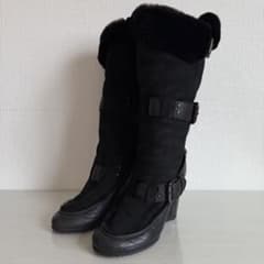 フェンディ　ロングブーツ　ムートン　スエード　ウェッジソール　黒　24cm FENDI フェンディ ロングムートンブーツ スエード ベルト イタリア製