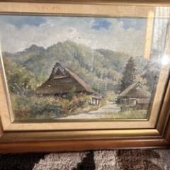 油彩画 田舎の風景 茅葺屋根の家のサムネイル
