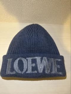 美品】ロエベ LOEWE ニット帽 ビーニー ロゴ 刺繍 ブルー イタリア製