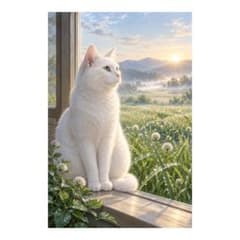 朝露と窓辺で座る白猫の落ち着いた色調のデジタル絵画風アート A4