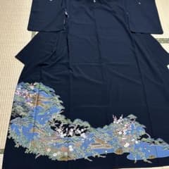 黒留黒色風景と花の刺繍　江戸褄のサムネイル