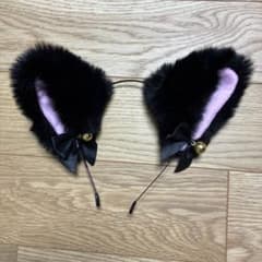 猫耳 カチューシャ 黒 ブラック リボン 鈴付き コスプレのサムネイル
