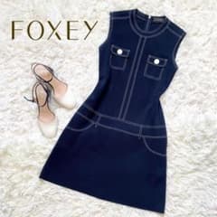美品 FOXEY フォクシー 美シルエット ステッチ ワンピース 40 ネイビー