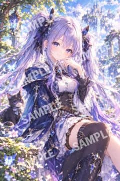 幻想的な少女と猫のイラスト アートのサムネイル