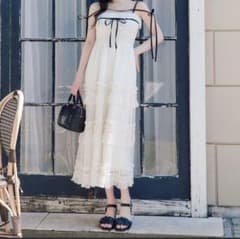 ホワイト レース キャミワンピース ロング丈 リボンのサムネイル