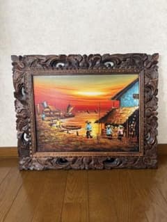油彩画 漁村の夕日　バリ島作家作品のサムネイル