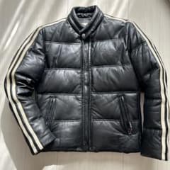 Schott　モーターサイクル　ラムレザー　ダウンジャケット　サイドライン　黒 人気✨schott モーターサイクル レザーダウンジャケット 2本ライン M