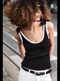 【新品】zara リボン付きリブトップス　ブラック　ホワイト　即日発送可のサムネイル
