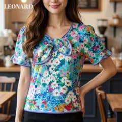 a30【極美品】LEONARDレオナール 花柄半袖カットソー ブルー系 Mサイズ