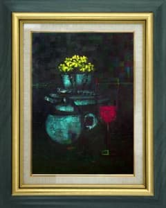 油絵 菅家令子絵 絵画インテリア額付(黒) uF6-063404 静物花グラス器 油絵菅家令子絵インテリア額付(青緑＋金色の枠)uF6-063404 花瓶 グラス