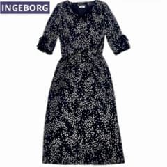 INGEBORG インゲボルグ ロング ワンピース 黒 花柄 襟袖レース取外し可