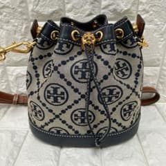 美品✨トリーバーチ　Tモノグラム　ジャカード　バケットバッグ　2way ネイビー 美品✨トリーバーチ Tモノグラム ジャカード バケットバッグ 2way