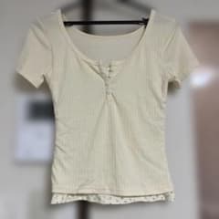 ヘンリーネック 半袖 リブ Tシャツ アイボリー 花柄レイヤード Sのサムネイル
