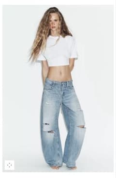 ZARA TRF ダメージ加工 ミッドライズ バギージーンズ 32 完売品⭐︎ZARA TRF ダメージ加工ミッドライズバギージーンズ 32