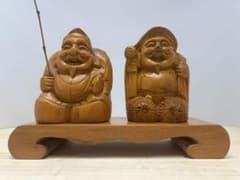 木彫り 恵比寿 大黒天 2体セット 台座付 彫刻 置物 縁起物 七福神 商売繁盛