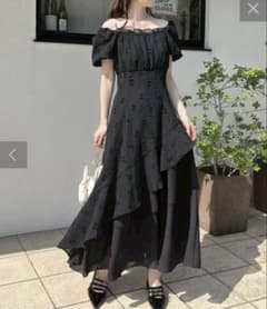 ナイスクラップ イレヘムティアードロングワンピース（黒 リボン柄