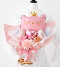 王冠ねこのブーケ　ピンク　バルーン　発表会　卒業　結婚式　誕生日　卒業　成人式のサムネイル