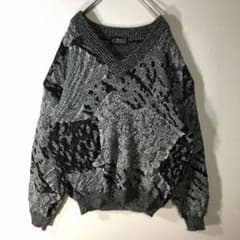 個性派古着】長袖デザインセーター Vネック ミックスグレー メンズ XL 