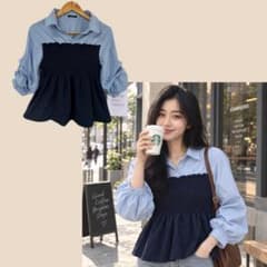 SURVE シャーリングブラウス L ブルー 美品のサムネイル