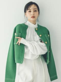 ☆専用出品【anuans】ノーカラーニットジャケット グリーン - メルカリ