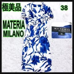 極美品 マテリアミラノ サテンワンピース カシュクール ボタニカル大花柄 青38 極美品 マテリアミラノ サテンワンピース カシュクール ボタニカル大花