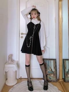 bobon21 甘辛MIXフロントzipジャンスカ 黒 ブラック ワンピースのサムネイル