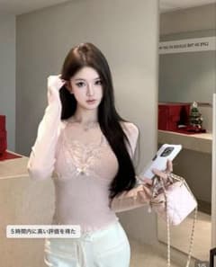 レース パッチワーク Vネック 長袖 ニット ピンクXLのサムネイル