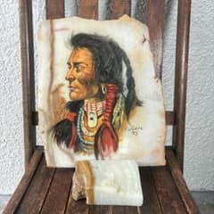 超レア！ネイティブアメリカン　インディアン大理石オブジェ絵USAヴィンテージ雑貨 超レア！ネイティブアメリカン インディアン大理石オブジェ絵USA