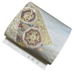 ユ124名古屋帯 青銅箔 唐織 華文 金銀糸 正絹 着物帯 仕立て上り