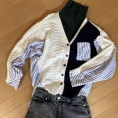 透かし編みストライプ　長袖シャツ　約Lのサムネイル
