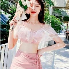 水着 レディース 体型カバー 可愛い お洒落 ビキニ オフショルダー ピンク Mのサムネイル