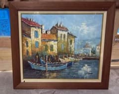大判油彩画 港の風景 額装品　作者サイン入り　K25 大判油彩画 港の風景 額装品 作者サイン入り K25 - メルカリ