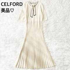 美品✨️セルフォード ボウタイプリーツワンピース バイカラー 白 36 美品✨️セルフォード ボウタイプリーツワンピース バイカラー 白 36