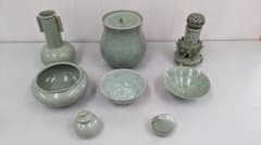 【◆人間文化財】海剛 柳根瀅 作 高麗青磁 茶道具 8点セット 香炉 花瓶 栞付 ◇人間文化財】海剛 柳根瀅 作 高麗青磁 茶道具 8点セット 香炉 花瓶