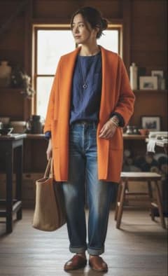 45r】オレンジ フード付き ロングコート サイズ - メルカリ