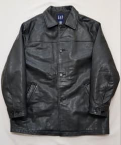 90s OLD GAP レザーカーコート L ブラック シボ革 本革 オールド