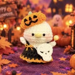 期間限定 ハロウィンなあひるさん ガイコツポシェット かぼちゃ帽 オレンジドレスのサムネイル