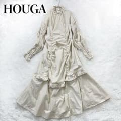 美品 HOUGA フリルギャザーワンピース ピンストライプ フレアスカート F 美品 HOUGA フリルギャザーワンピース ピンストライプ フレアスカート