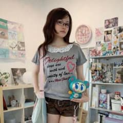 平成ガーリー レース襟Tシャツ グレー 半袖 ハートロゴ 姫系 Y2K 袖パフ