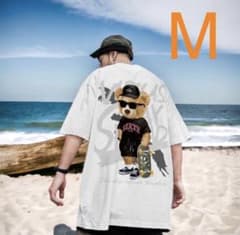 バックプリント ベア Tシャツ 白 オーバーサイズ ストリート 韓国　Lサイズのサムネイル
