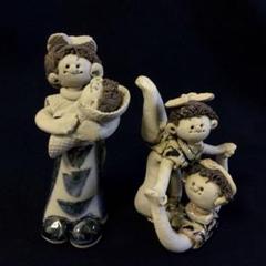 青芳人形 3点セット 陶器人形 森元青芳 砥部焼 オブジェ 置物 インテリア 砥部焼 青芳人形 2体ペア 子供セット 陶器人形 森元青芳作 置物