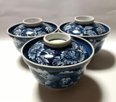 レア 源右衛門窯 染付 牡丹絵 蒸碗 煮物碗 スープ碗 取鉢 受皿 2客組 ② 源右衛門窯 染付 牡丹絵 蓋物 小丼 蒸碗 3客組 未使用品