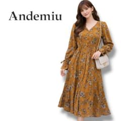 花柄ロングワンピース マスタード色　フレア袖